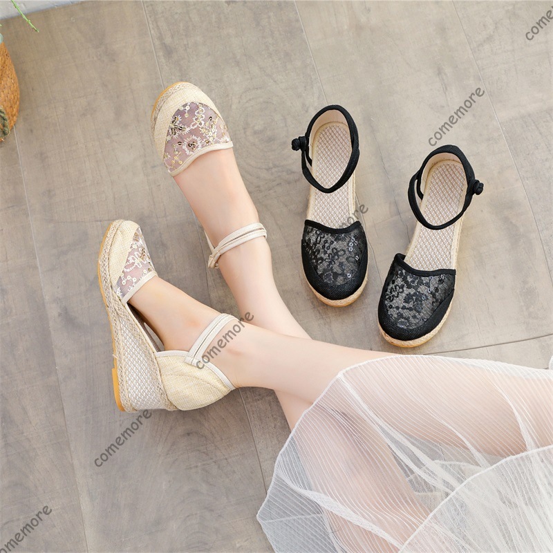 女性のレースメッシュエスパドリーユウェッジサンダルアンクルス - Espadrille Wedge Shoes のレビューと価格